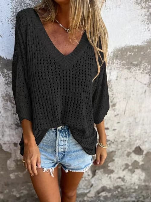 Shilana - Hollow V-Neck Knitted Top
