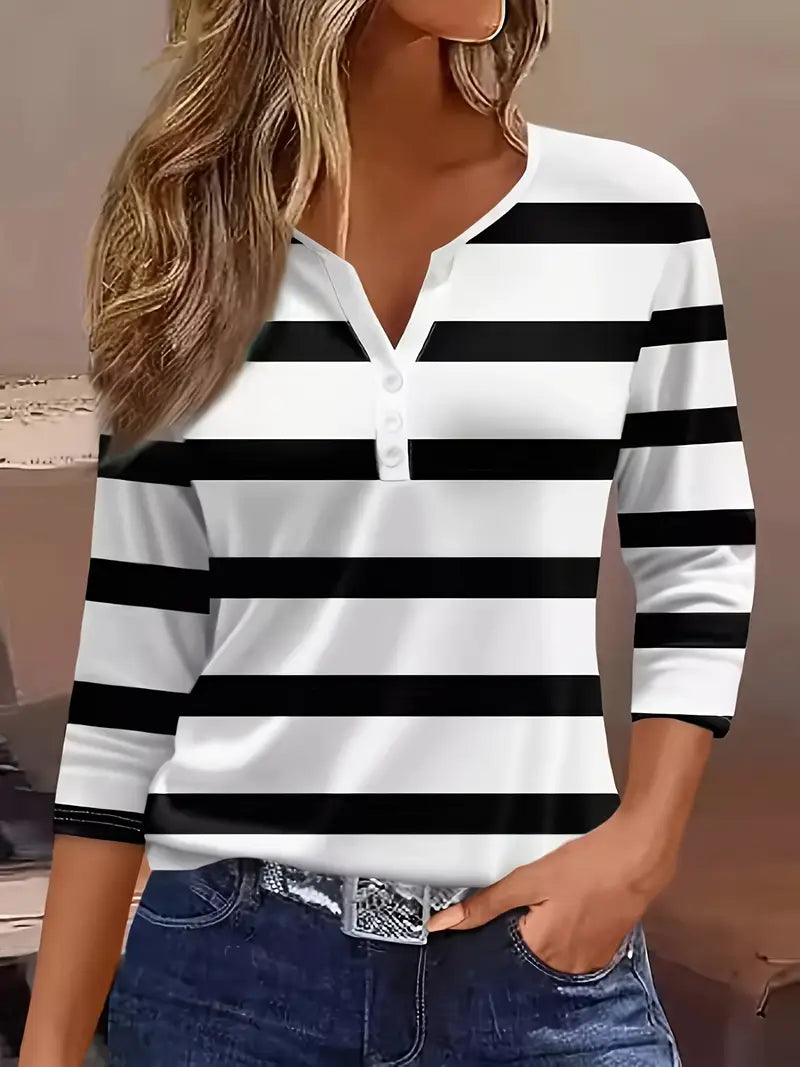 Dakota - Casual V Neck T Shirt With Striped Print