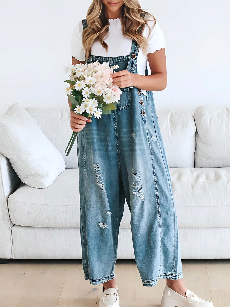 Clarice - Loose Fit Distressed Denim Overalls