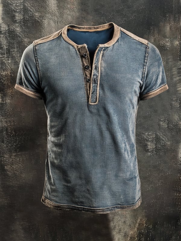 Casual Henley Top In Retro Color Block Style For Men