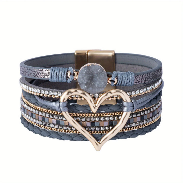 Joely - Multi Layer Leather Bracelet With Heart Design
