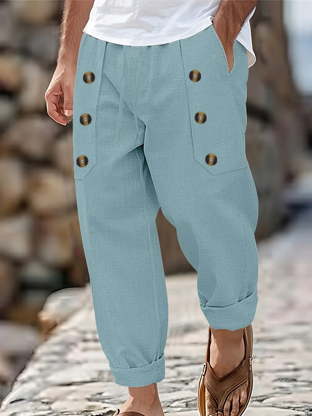 Beslan - Elegant Straight Leg Pants With Golden Buttons