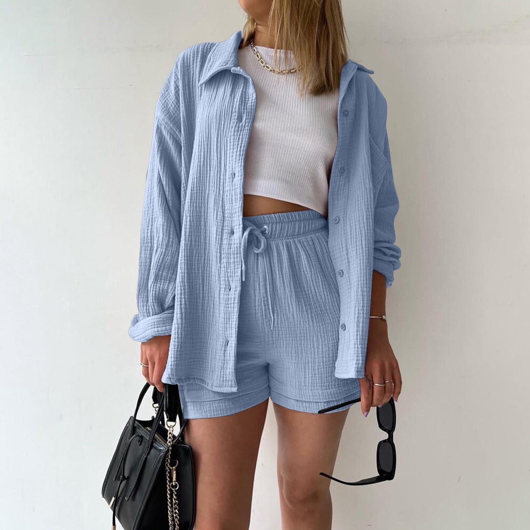 Katelyn - Two Piece Cotton Shirt And Shorts Set
