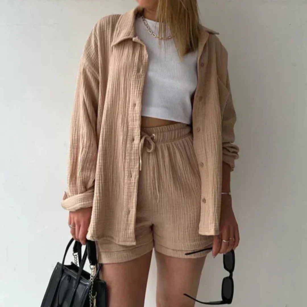 Katelyn - Two Piece Cotton Shirt And Shorts Set