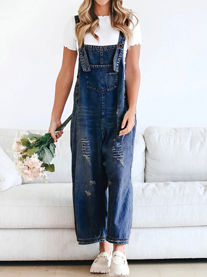 Clarice - Loose Fit Distressed Denim Overalls