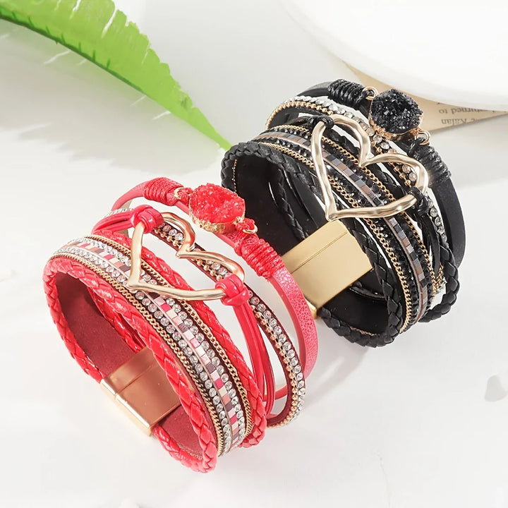 Joely - Multi Layer Leather Bracelet With Heart Design