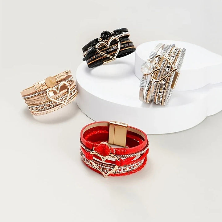 Joely - Multi Layer Leather Bracelet With Heart Design