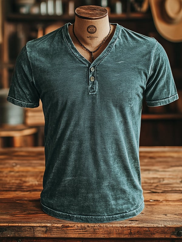 Classic Retro T-Shirt For Men With Button Placket And V-Neck 100% Cotton Short Sleeves