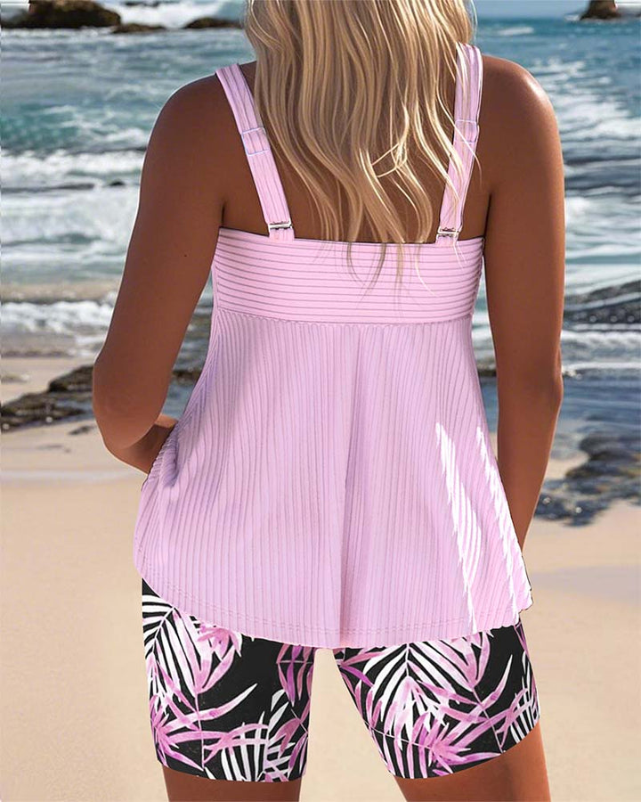 Varyla - Striped Tankini Top with Printed Beach Short