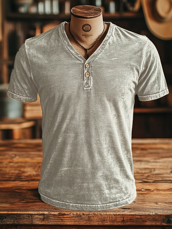 Classic Retro T-Shirt For Men With Button Placket And V-Neck 100% Cotton Short Sleeves