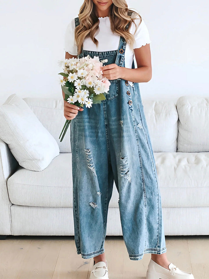 Clarice - Loose Fit Distressed Denim Overalls