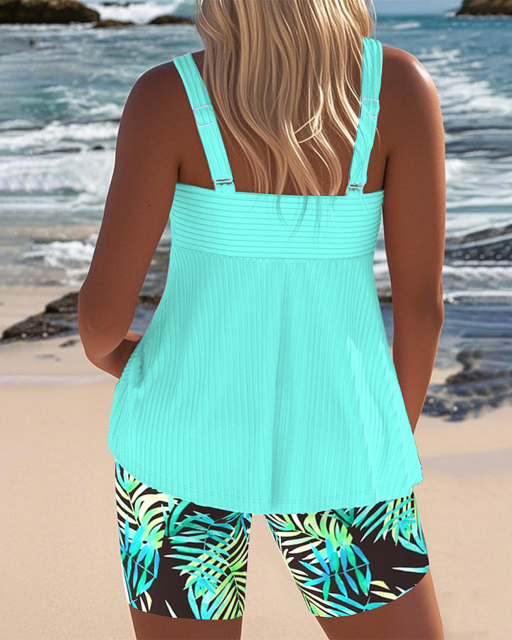 Varyla - Striped Tankini Top with Printed Beach Short