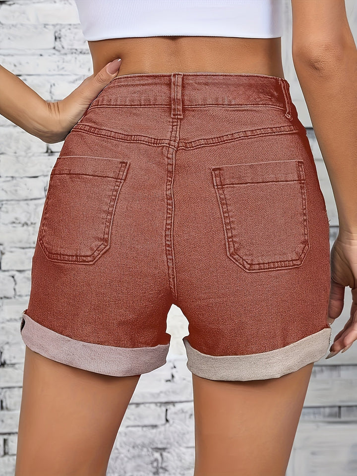 Thelma - High-Waist Stretch Denim Shorts With Button