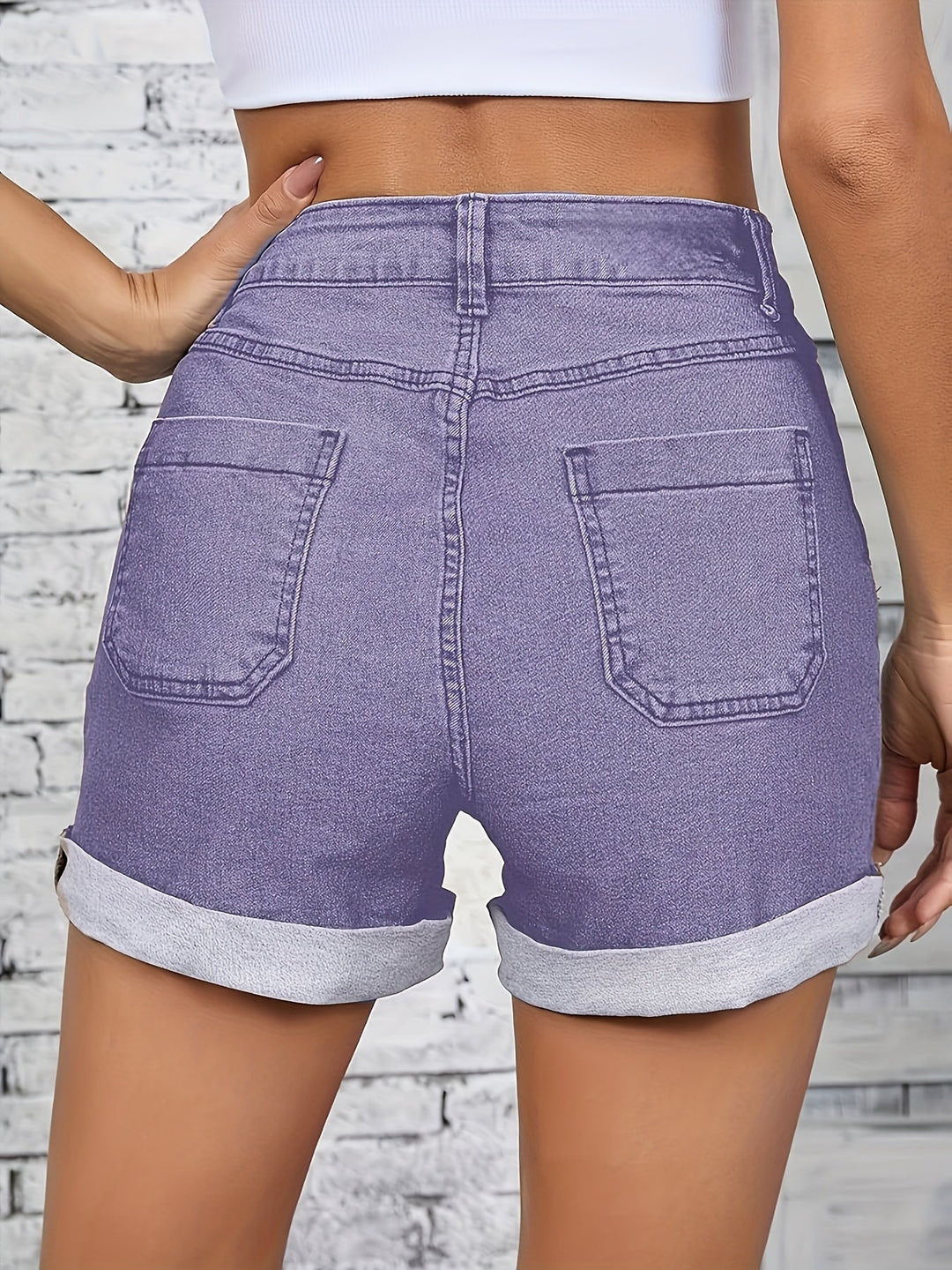Thelma - High-Waist Stretch Denim Shorts With Button