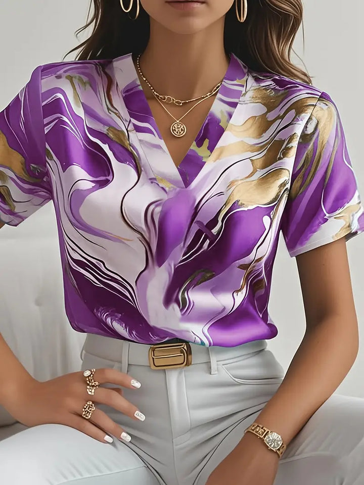 Maroula - Elegant Marble Print Short Sleeve Shirt