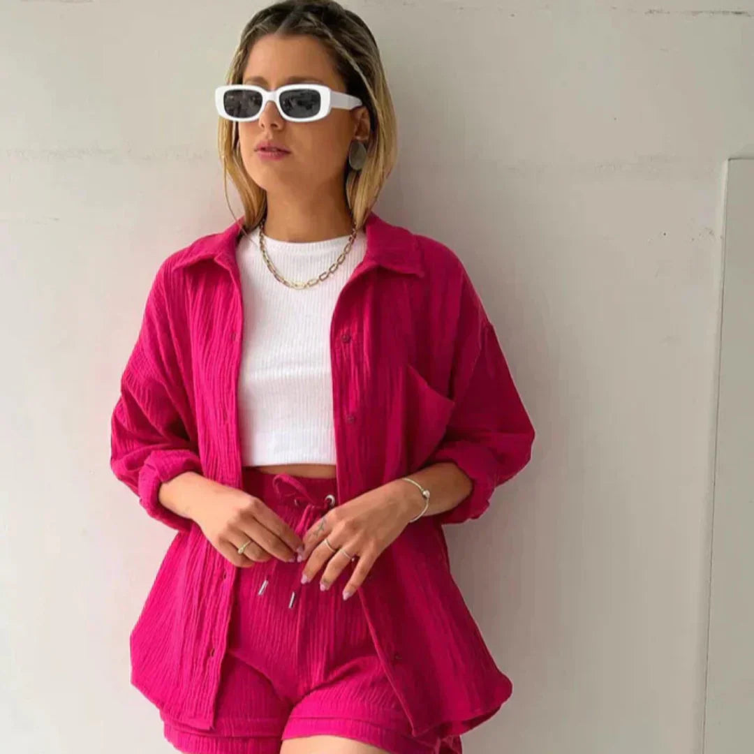 Katelyn - Two Piece Cotton Shirt And Shorts Set