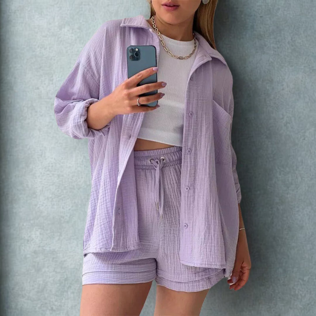 Katelyn - Two Piece Cotton Shirt And Shorts Set