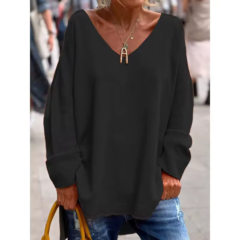 Paola - Elegant Long Sleeve Top With Loose V Neck