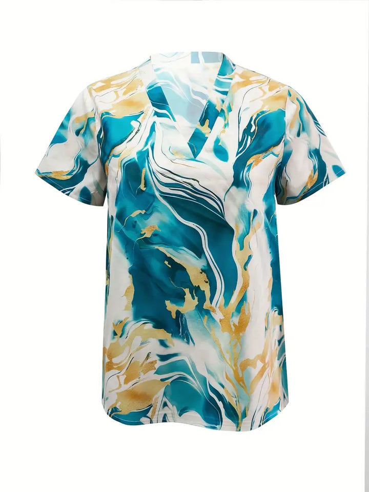 Maroula - Elegant Marble Print Short Sleeve Shirt